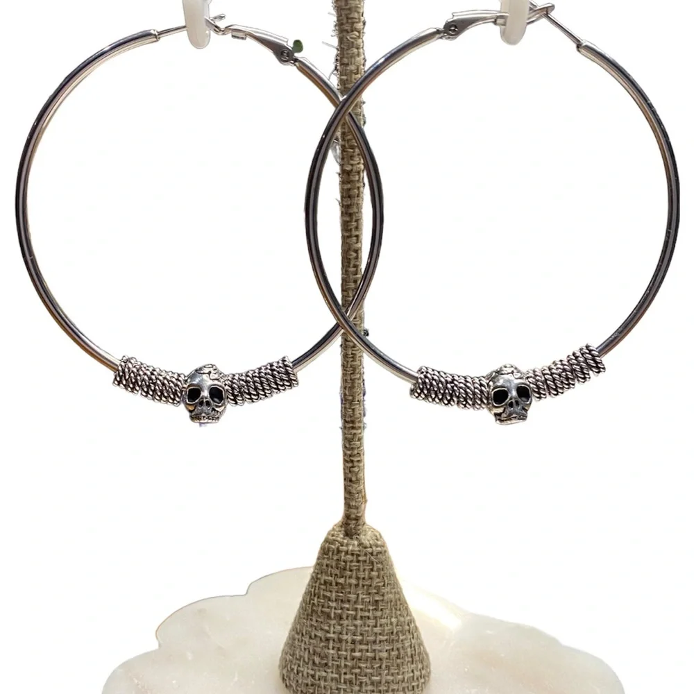 Silver Skull Hoop Earrings - Picture 3 of 4
